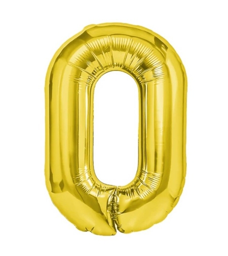 Balon din Folie Metalizata Flippy, Figurina Cifra, Tema Aniversare 40 cm, Ambalaj Individual, Pai inclus, Umflare cu Aer sau Heliu, Auriu, Cifra 0