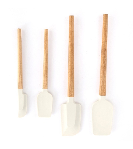 Ustensile de Bucatarie, Flippy, Set din 4 bucati, din Silicon si Lemn, Spatule de Diferite Dimensiuni, Termo rezistente, Antiaderente, Instrument de Amestecat in Bucatarie, Alb-Maro