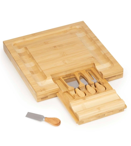 Set servire branzeturi cu platou din bambus si sertar glisant, 33x33x4 cm, maro natur