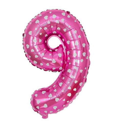Balon din Folie Metalizata Flippy, Figurina Cifra, Imprimeu Inimi, Tema Aniversare 80 cm, Ambalaj Individual, Pai inclus, Umflare cu Aer sau Heliu, Roz, Cifra 9