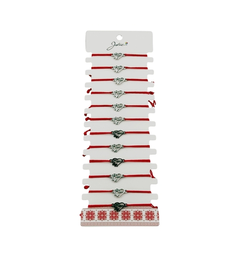 Bratara Martisor pentru Dama, Jolie, Model Inima cu Fluture, Set 12 bucati, Pandativ Argintiu din Inox cu Snur Rosu Ajustabil
