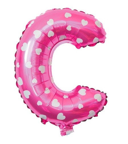 Balon Folie Metalizata Litera C, Flippy, 40 cm, Cu Imprimeu Inimioare, Umflati cu Heliu sau Aer, Ambalaj Individual, Pai inclus, Roz