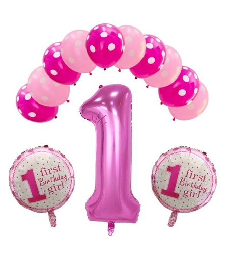 Set 13 baloane, pentru Prima Aniversare, 10 baloane latex, 2 baloane rotunde folie, cifra 1, Roz