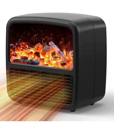 Mini Aeroterma Portabila, Vafy, Display LCD, Flacara Tip Semineu, 1500W, 2 Trepte, Oprire Automata, 22 x 22 x 15 cm, Negru