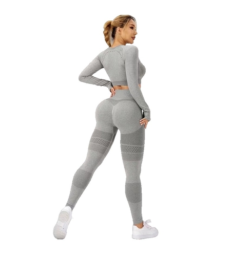 Costum Sport de Dama, Flippy, pentru Yoga, Talie Inalta, Top Scurt, Elastic, Gri, Marime L