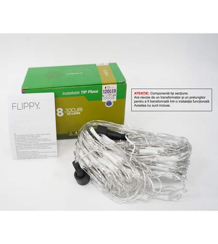 Sectiune Instalatie de Craciun Vafy, Tip Plasa, 120 LED-uri, 1.5 x 1.5 m, 8 jocuri de lumini, Interconectabila, Fir transparent, Albastru