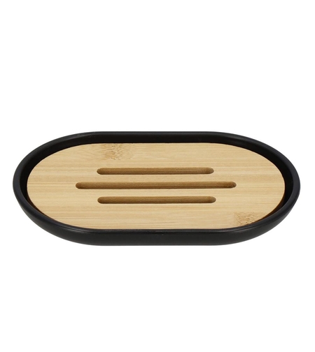 Set de accesorii rotunde pentru baie din plastic cu elemente bambus, 6 piese, negru