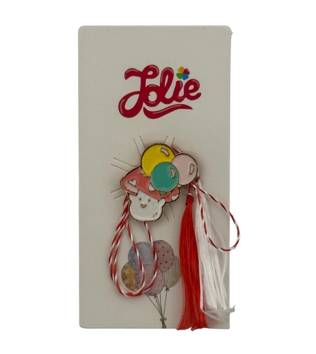 Martisor pentru copii, Jolie, Material Metal, Ambalaj Carton cu Design, Dimensiune Brosa Aproximativ 2x2 cm, Multicolor, Model Ciuperca si Baloane