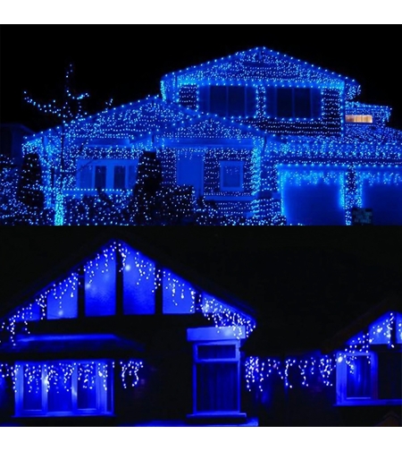 Instalatie Solara Craciun Turturi, IP44, 5 m, 143 Led-uri, Perdea Franjurata, albastru, 8 jocuri de lumini, cu Telecomanda, 31V, 250 mAh, Acumulator de 1200 mAh, Exterior, Prelungitor 5 m inclus, Fir Alb, Flippy