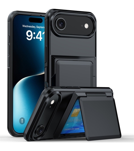 Husa de Protectie compatibila Apple iPhone 17 Air, Vafy, Compartiment pentru Carduri, Anti-alunecare, Protectie PC, Rezistenta la Zgirieturi, Negru