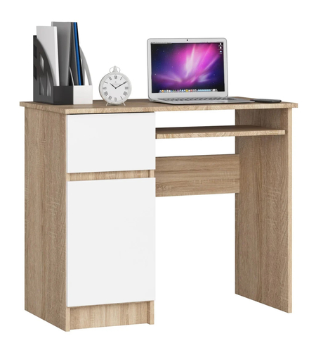 Birou computer PIKSEL, cu sertar, dulap si raft pentru tastatura, stanga, 90x50x77 cm, stejar sonoma si alb