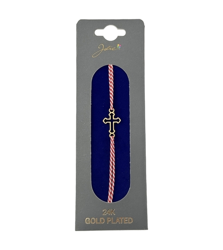 Bratara Placata cu Aur 24k, Jolie, Model CRUCE, Martisor Bratara, cu Snur Alb/Rosu, Auriu