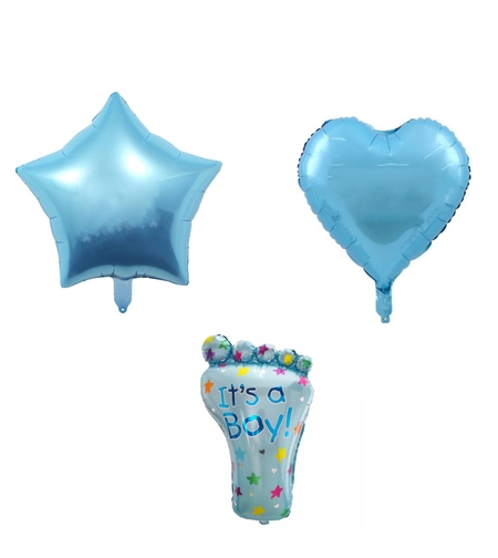 Set 3 Baloane din Folie Metalizata, Vafy, Figurine Picior 46x79 cm, Inima 45cm, Stea 45cm, Model It's a Boy, Tema Gender Reveal, Ambalaj Individual, Pai Inclus, Umflare cu Aer sau Heliu, Albastru