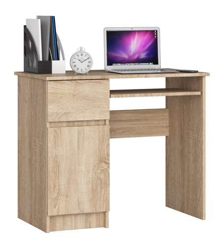 Birou computer PIKSEL, cu sertar, dulap si raft pentru tastatura, stanga, 90x50x77 cm, stejar sonoma