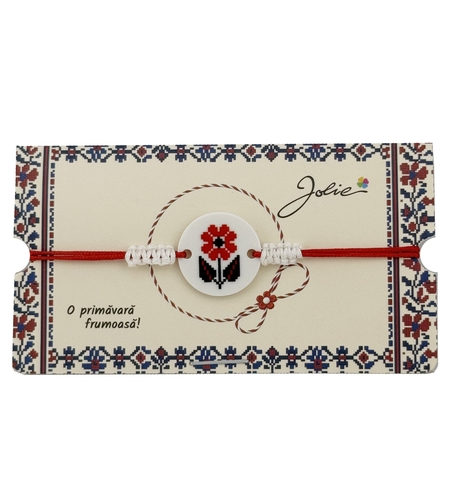 Martisor Traditional Bratara Norocoasa, Jolie, Model Rotund Floare, Bratara Martisor pentru Copii, din Plastic/Textil, Snur Rosu/Alb