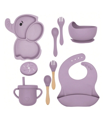 Set 10 Piese Servire Masa. Flippy, pentru Bebelusi si Copii, din Silicon/Lemn, cu Ventuze Anti-alunecare, fara Alergeni. +6 Luni, Model Elefant, Mov