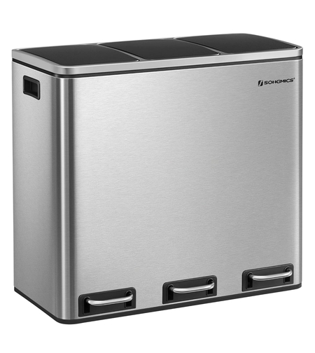 SONGMICS Cos de gunoi din inox cu 3 compartimente colectare selectiva, cu galeti interioare, 3x18litri, argintiu si negru