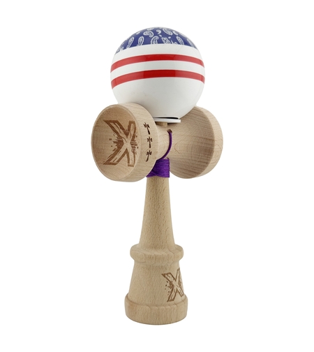 Kendama X Originala CHICANOS, Profesionala, Flippy, Cupe Mari KING SIZE V3, Super Sticky, Gaura in Baza, Rulment Metalic, din lemn 18 cm, Ata 62/65 cm, Mov/Alb