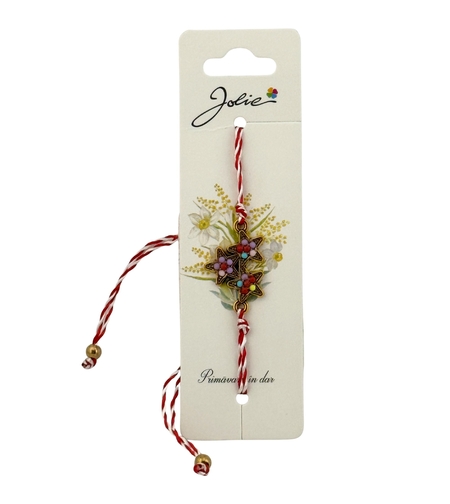 Martisor Bratara Snur Alb-Rosu, Jolie, Pandantiv Metalic, Model Stelute Colorate