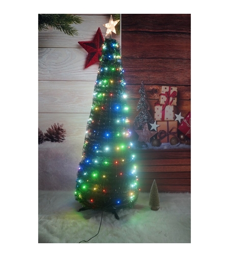Brad artificial Pop-Up Flippy, cu instalatie integrata, Lumini RGB, Suport inclus, Stea luminata, 304 Led, 180 cm, Material PVC, Verde