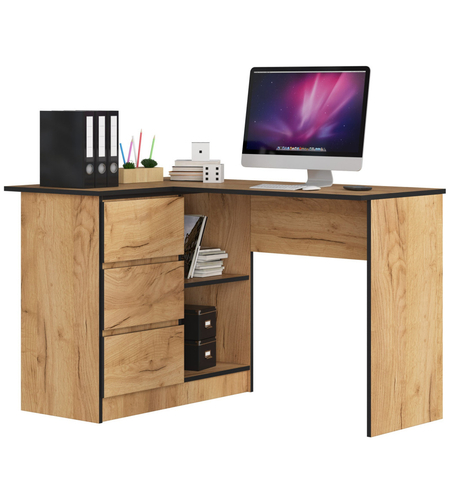Birou colt stanga, cu 3 sertare si rafturi, PAL laminat, 124x85x77 cm, stejar craft