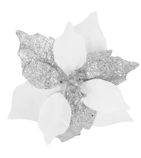 Set 5 ornamente pentru bradul de Craciun, stea Poinsettia, 23cm, alb argintiu
