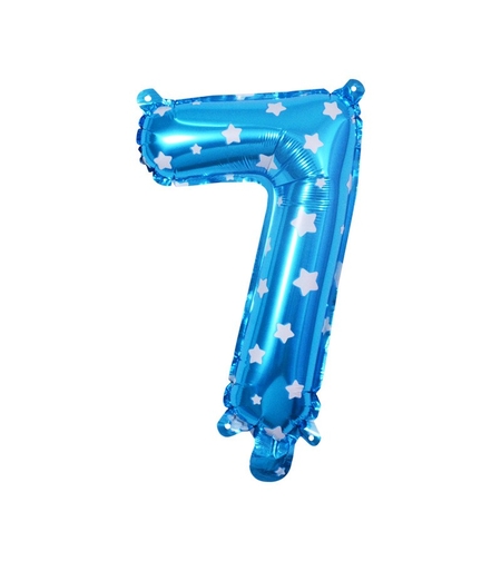 Balon din Folie Metalizata Flippy, Figurina Cifra, Imprimeu Stele, Tema Aniversare 80 cm, Ambalaj Individual, Pai inclus, Umflare cu Aer sau Heliu, Albastru, Cifra 7