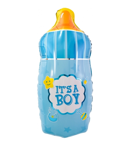 Balon din Folie Metalizata, Vafy, Mini Figurina Biberon, Model It's a Boy, Tematica Gender Reveal, 44x20 cm, Ambalaj Individual, Pai Inclus, Umflare cu Aer sau Heliu, Albastru