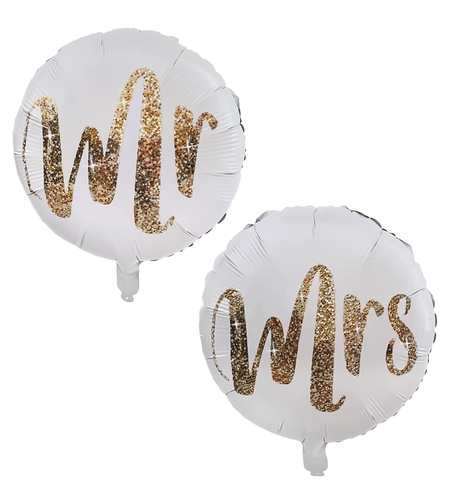 Set 12 Baloane din Folie Metalizata si din Latex, Flippy, Model Mr Mrs, Tema Nunta, Baloane Party cu Confetti, 45 cm, 30 cm, Pai inclus, Umflare cu Aer sau Heliu, Alb/Auriu