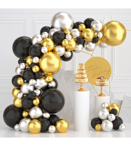 Set 163 Baloane din Latex, Flippy, Model Petrecere pentru Arcada, Baloane Party, 12 cm, 30 cm, 45 cm, Negru, Auriu, Alb