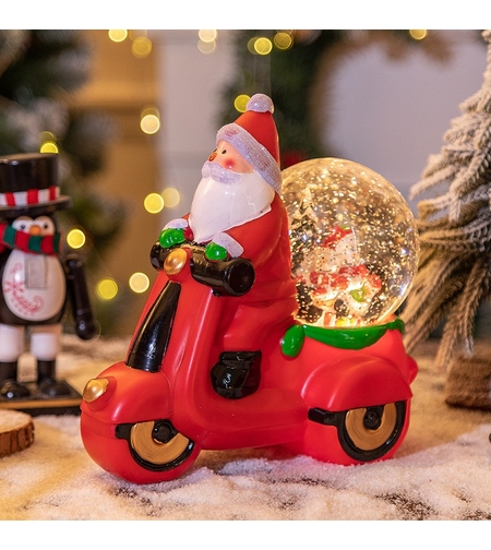 Decoratiune Craciun, Tip Motocicleta, Glob 10 cm, Figurine Mos Craciun, 3 Moduri, Functie Muzicala, Zapada in Miscare, Functioneaza Cu Baterii ( 3 x AAA neincluse), Cablu USB (Inclus), Model Rosu, 20 x 11.5 x 20 cm, Alb Cald