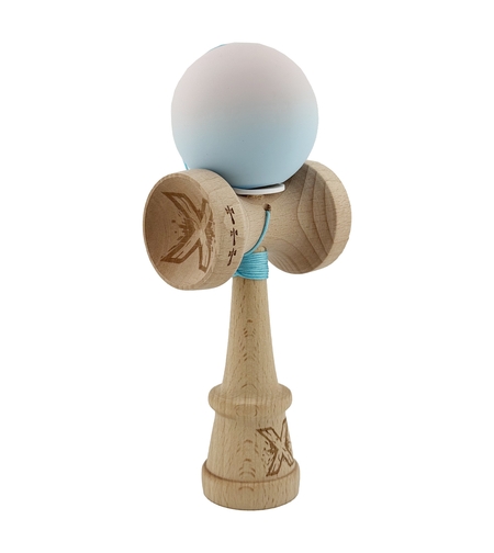 Kendama X Originala, Profesionala, Flippy, Rubber Grip, Cupe Mari KING SIZE V3, Gaura in Baza, Rulment Metalic, din lemn 18 cm, Ata 62/65 cm, Gradient Lila/Turcoaz