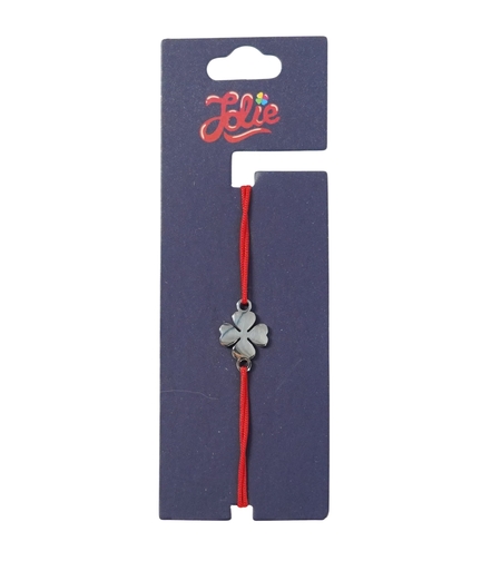Martisor Bratara din Inox pentru Copii, Jolie, Textil si Inox, Snur Rosu, Model Trifoi cu Patru Foi, Argintiu