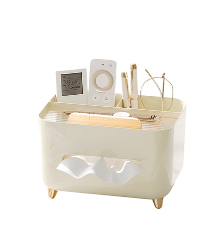 Suport pentru Servetele, Flippy, Cutie Multifunctionala, Design Minimalist, ABS, cu Suport pentru Obiectele Personale, pentru Birou, 21x15x13 cm, Crem