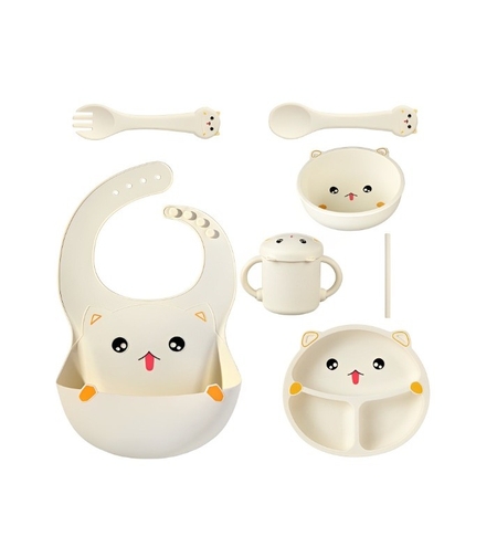 Set 7 Piese Hranire Bebelusi si Copii, Flippy, din Silicon, fara BPA, de la 12 Luni, Model Pisicuta, 30 x 25 x 6 cm, Bej