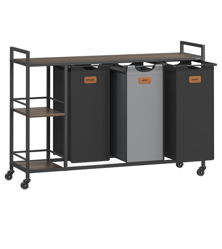 VASAGLE Cos de rufe cu rafturi si roti, 3 compartimente cu saci de rufe detasabili, 3x50 litri, 117x33x81 cm, maro si negru