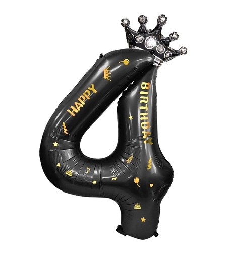 Balon din Folie Metalizata Flippy, Figurina Cifra si Coroana, Scris Happy Birthday, Tema Aniversare 100 cm, Ambalaj Individual, Pai inclus, Umflare cu Aer sau Heliu, Negru, Cifra 4
