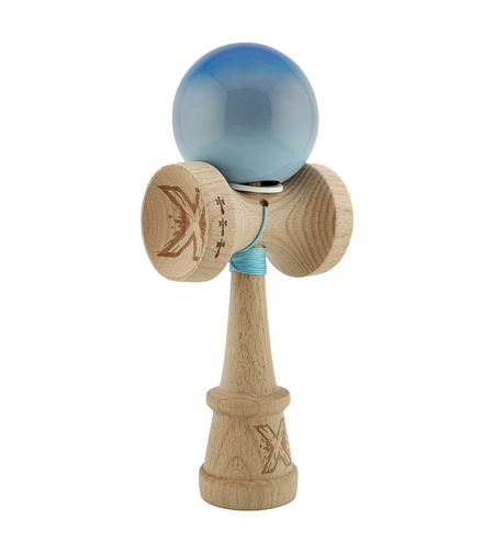 Kendama X Originala, Profesionala, Flippy, Super Sticky cu Cupe Mari KING SIZE V3, Gaura in Baza, Rulment Metalic, din lemn 18 cm, Ata 62/65 cm, Gradient Albastru/Gri/Bleu