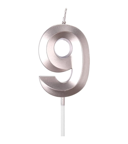 Lumanare Cifra 9, Flippy, Model Diamond, 5 x 3.4 cm, Argintiu
