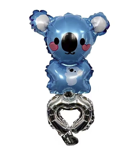 Balon din Folie Metalizata, Vafy, Figurine Animalute, Tip Bratara, Model Koala, Ambalaj Individual, Pai Inclus, Umflare cu Aer sau Heliu, Albastru