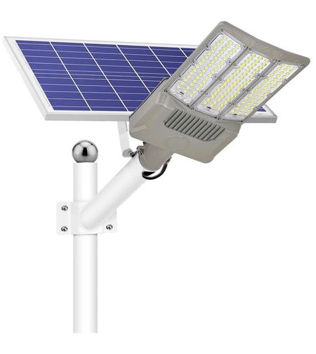 Lampa solara stradala Flippy, pentru curte sau strada, cu trei grile, finisaj mat, rezistent la apa, montare prin fixare, senzor lumina, baterie de litiu, IP65, lumina rece, putere 1000W, autonomie 10 ore, 55 x 23 x 9 cm, gri
