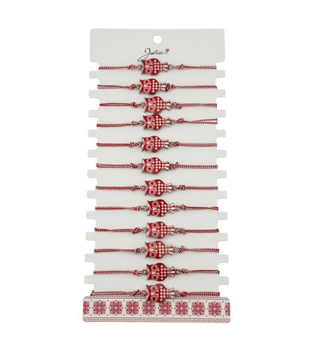 Bratara Martisor pentru Dama, Jolie, Model Bufnita, Set 12 bucati, Pandativ din Aliaj cu Print Traditional, Snur Ajustabil Impletit, Alb/Rosu