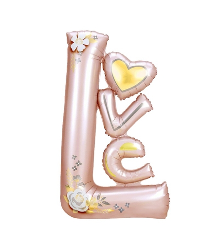 Balon din Folie Metalizata, Flippy, Figurine, Model LOVE, Tematica Iubire, 110x64 cm, Ambalaj Individual, Pai Inclus, Umflare cu Aer sau Heliu, Roz Deschis