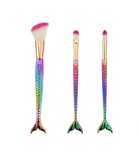 Set 3 Pensule pentru Machiaj Flippy, in Forma de Sirena, Electroplacate, Detalii Fine, Maner Ergonomic, Peri din Fibra Moale, Multicolor