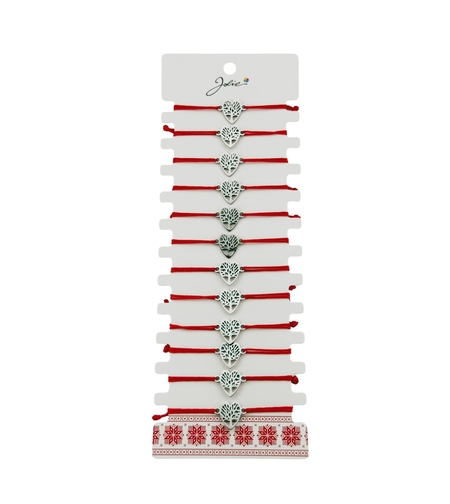 Bratara Martisor pentru Dama, Jolie, Model Copac in Inima, Set 12 bucati, Pandativ Argintiu din Inox cu Snur Rosu Ajustabil