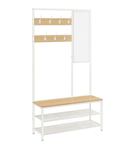 VASAGLE Cuier cu rafturi depozitare pantofi si ​​oglinda, industrial, 35x98x180 cm, maro stejar si alb