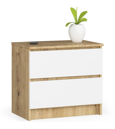 Noptiera cu 2 sertare din PAL laminat 16 mm, 60x40x55 cm, stejar artisan si alb