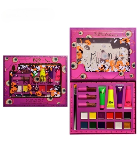 Set Produse de Pictat Fata, KEVIN & COCO, Halloween, 12 culori, 3 Rujuri, 4 Tuburi Vopsea, 25.5 x 20.5 x 2.6 cm, Multicolor