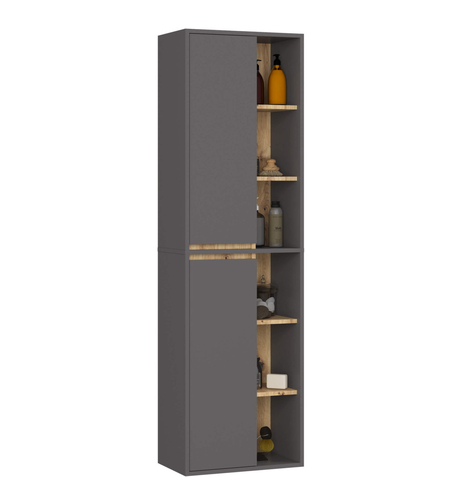Dulap de baie suspendat cu 2 usi si 6 rafturi, PAL 16 mm, 50x30x170 cm, gri si stejar artisan