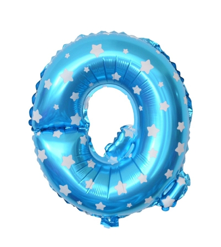 Balon Folie Metalizata Litera Q, Flippy, 40 cm, Cu Imprimeu Stelute, Umflati cu Heliu sau Aer, Ambalaj Individual, Pai inclus, Albastru
